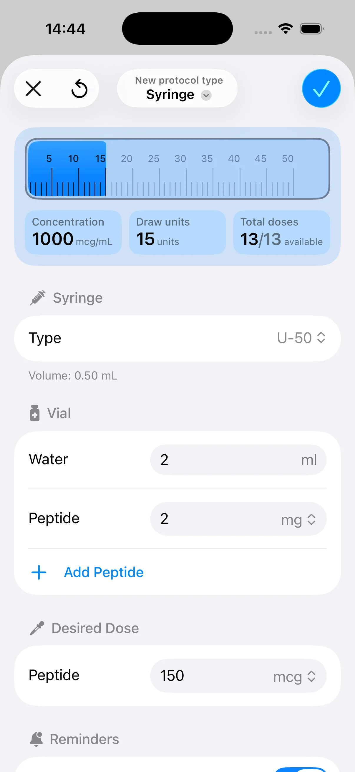 PepFlow syringe calculator screen