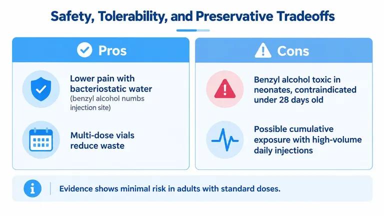 A comparison chart outlining the pros and cons of using bacteriostatic water, including safety and tolerability considerations.
