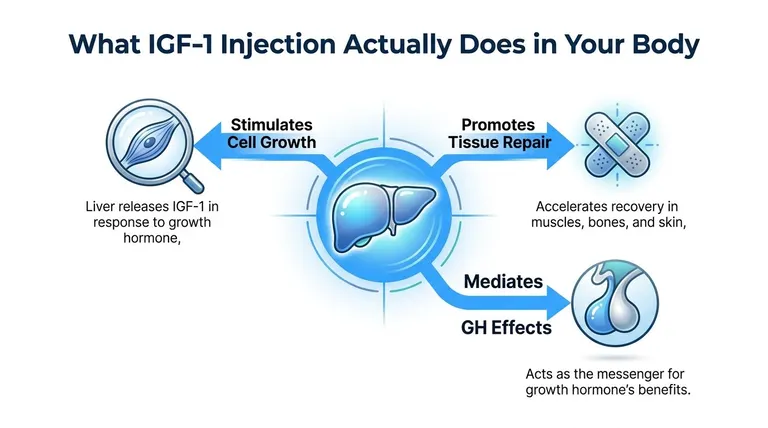 A diagram illustrating how IGF-1 injections stimulate cell growth, promote tissue repair, and mediate growth hormone effects.