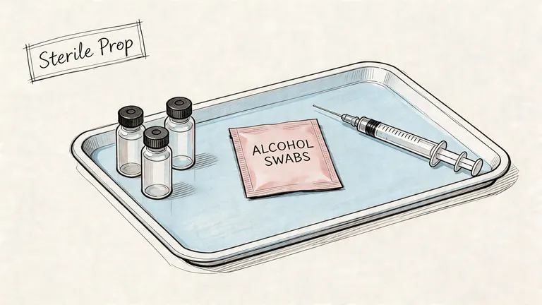 A sterile medical tray holding three empty glass vials, a packet of alcohol swabs, and a syringe.