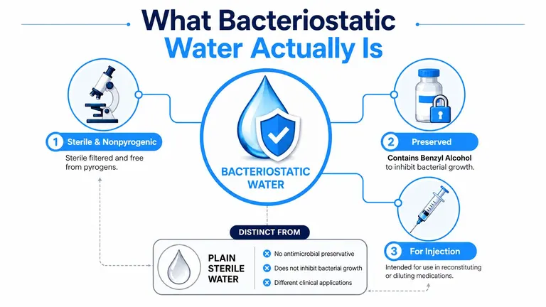 An infographic explaining that bacteriostatic water is sterile, nonpyrogenic, preserved with benzyl alcohol, and used for injection.