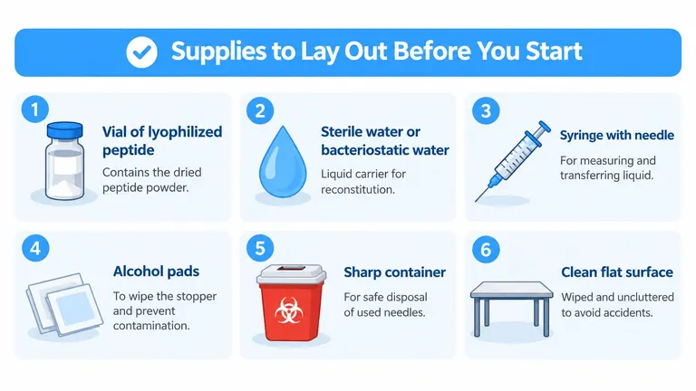 An infographic showing six essential supplies needed for preparing and injecting lyophilized peptide medication safely at home.
