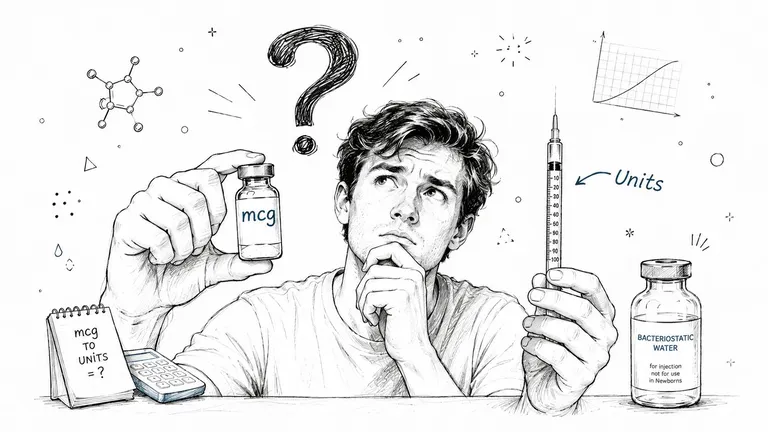 A confused person attempting to calculate a conversion between mcg and units for a medical injection.