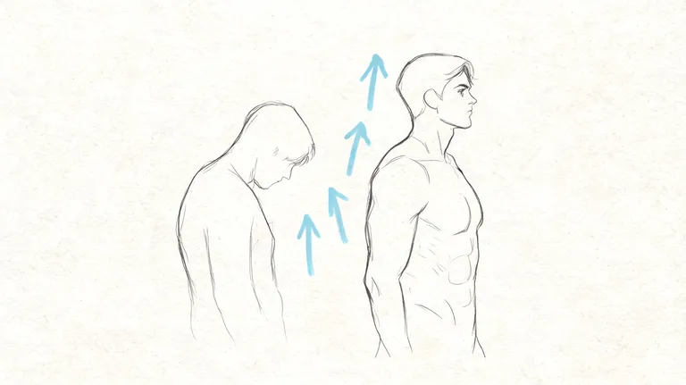 A line drawing showing a person improving their posture from a slouched position to standing upright.