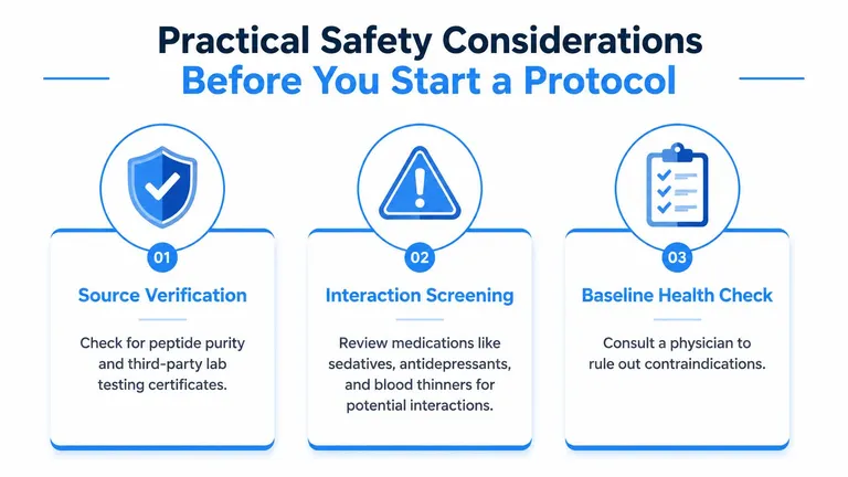 A graphic titled Practical Safety Considerations Before You Start a Protocol with three numbered steps for medical safety.
