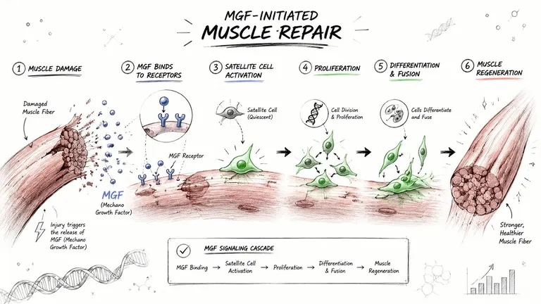A diagram illustrating the six-step process of MGF-initiated muscle repair through satellite cell activation and regeneration.