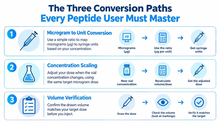 A diagram illustrating three essential conversion paths for peptide dosage: microgram to unit conversion, concentration scaling, and volume verification.