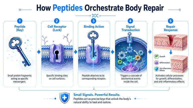 An infographic showing how peptides act as molecular keys to trigger cellular repair and healing processes.