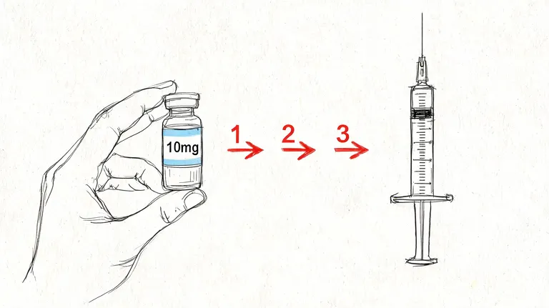 A hand holding a medicine vial labeled 10mg, with steps 1, 2, 3 leading towards a medical syringe.