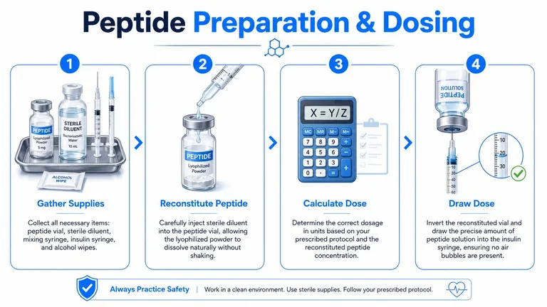 A four-step infographic illustrating the process of gathering, reconstituting, calculating, and drawing peptide injections safely.