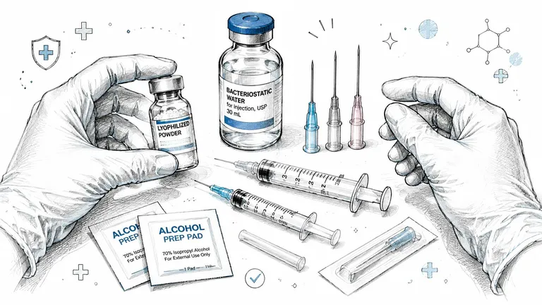Gloved hands preparing to mix bacteriostatic water with lyophilized powder for medical injection, showing syringes and needles.