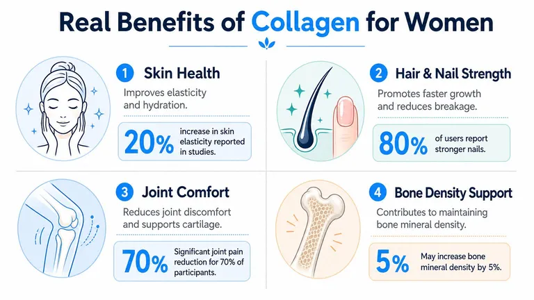 An infographic detailing the four key health benefits of collagen supplements for women, including skin, hair, joint, and bone health.