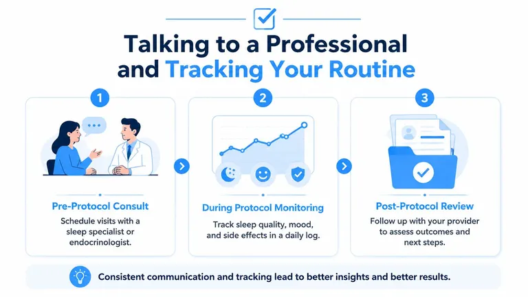 A three-step infographic showing the process of consulting with a professional and tracking health protocol progress.