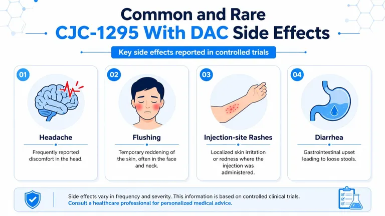 An infographic showing four common side effects of CJC-1295 with DAC including headache, flushing, rashes, and diarrhea.