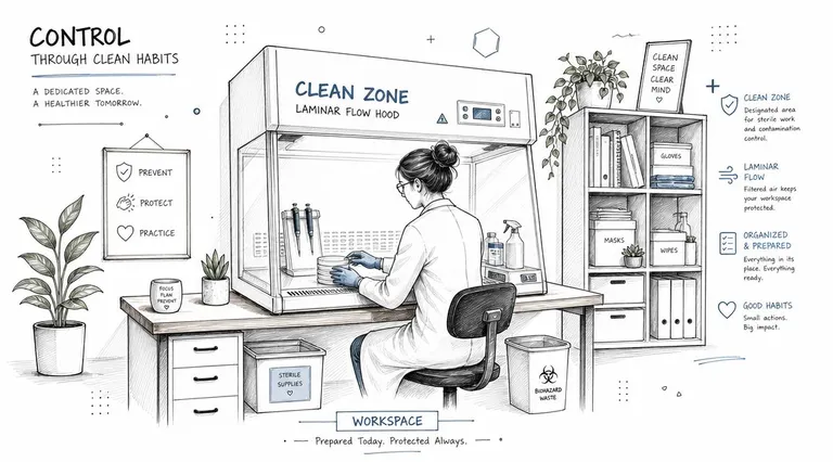 A professional scientist working in a clean lab setting with a laminar flow hood and organized supplies.