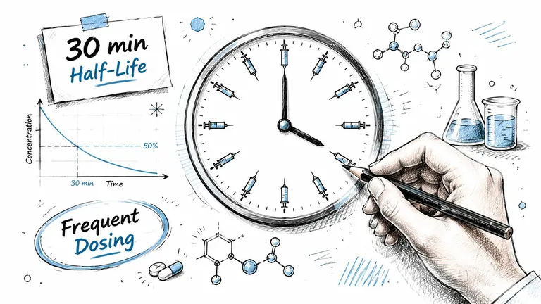 A conceptual illustration depicting a 30-minute half-life, frequent dosing, and chemical structures related to pharmacokinetics.