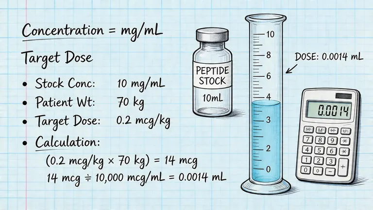 A diagram illustrating the calculation of a peptide dosage based on patient weight and stock concentration.