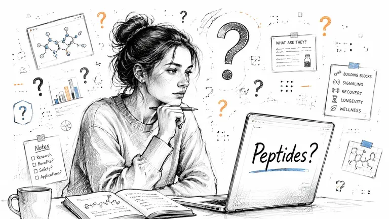 A woman with a bun sits at a desk researching peptides on a laptop with scientific notes.
