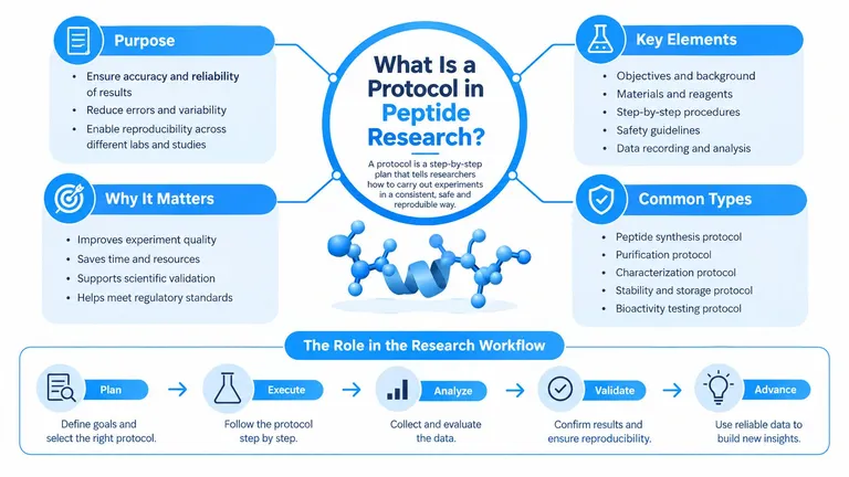 An infographic explaining the importance, key elements, and workflow of research protocols in peptide science experiments.