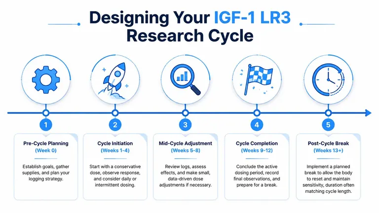 A five-step infographic guide detailing the planning, initiation, adjustment, completion, and post-cycle phases of an IGF-1 LR3 cycle.