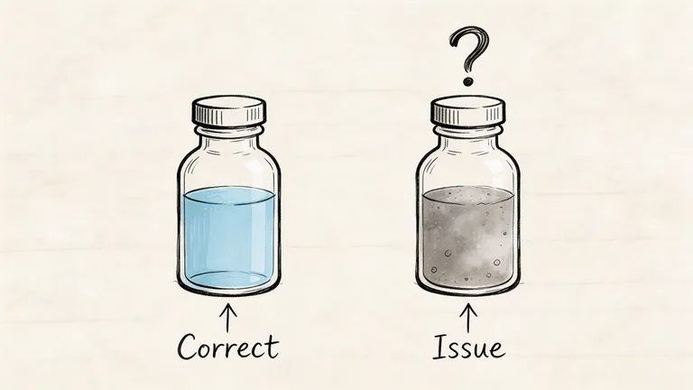 A diagram comparing a clear vial labeled correct and a cloudy vial labeled issue with a question mark.
