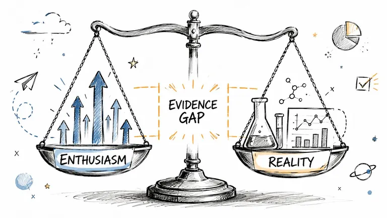 A conceptual scale illustration highlighting the contrast between high enthusiasm and the limited reality of scientific evidence.