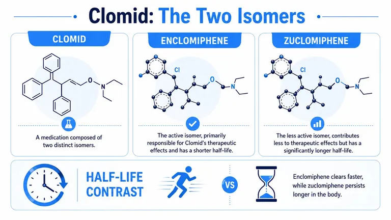 An infographic showing the two isomers of Clomid, enclomiphene and zuclomiphene, comparing their therapeutic effects and half-lives.