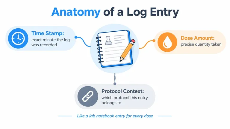An infographic illustrating the anatomy of a log entry, including time stamp, dose amount, and protocol context.