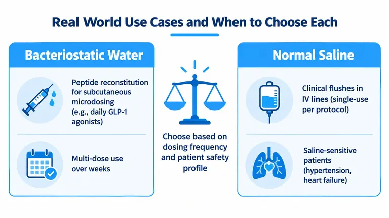 A comparison chart outlining real-world use cases for Bacteriostatic Water versus Normal Saline in medical settings.
