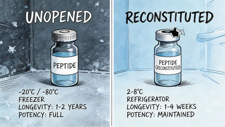 A diagram comparing storage conditions, temperature requirements, and shelf life for unopened versus reconstituted peptide vials.