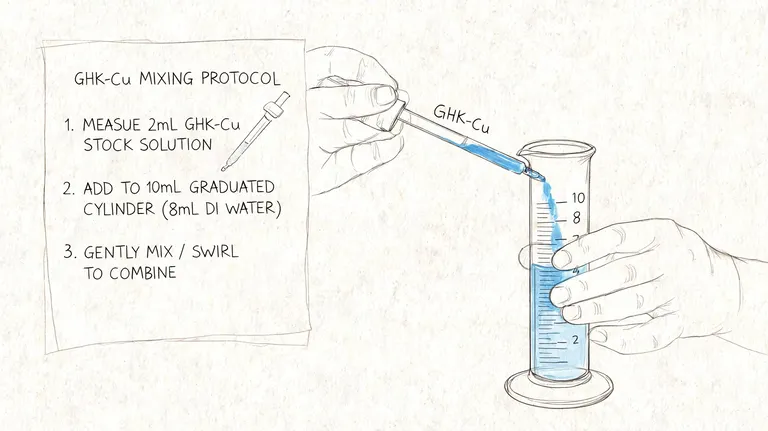 A hand pouring blue GHK-Cu solution from a dropper into a graduated cylinder filled with water.