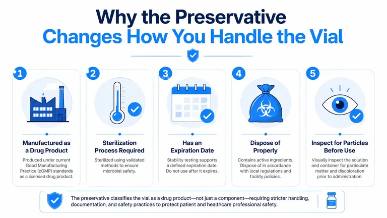 An infographic showing five steps for safely handling vials containing preservatives as a regulated drug product.