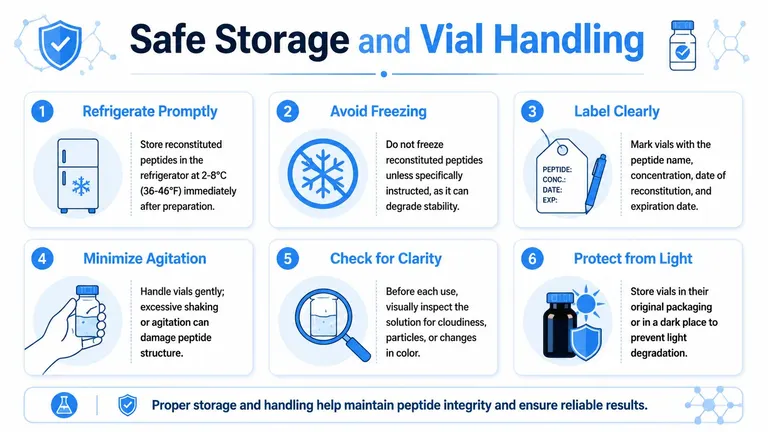 An infographic titled Safe Storage and Vial Handling showing six essential steps for preserving peptide samples.