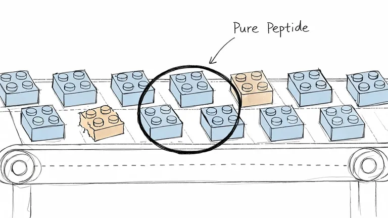 A conveyor belt carrying blocks representing peptides, with a circle highlighting specific pure blue peptide blocks.