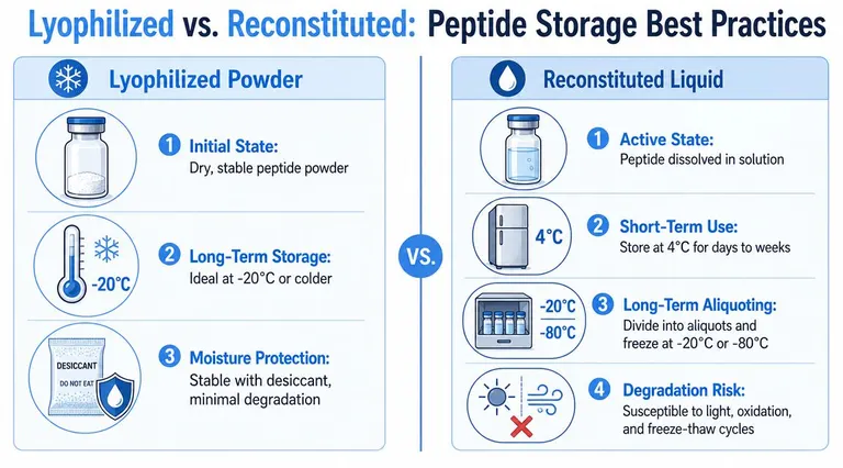 An infographic comparing the storage best practices for lyophilized peptide powder versus reconstituted liquid peptides.
