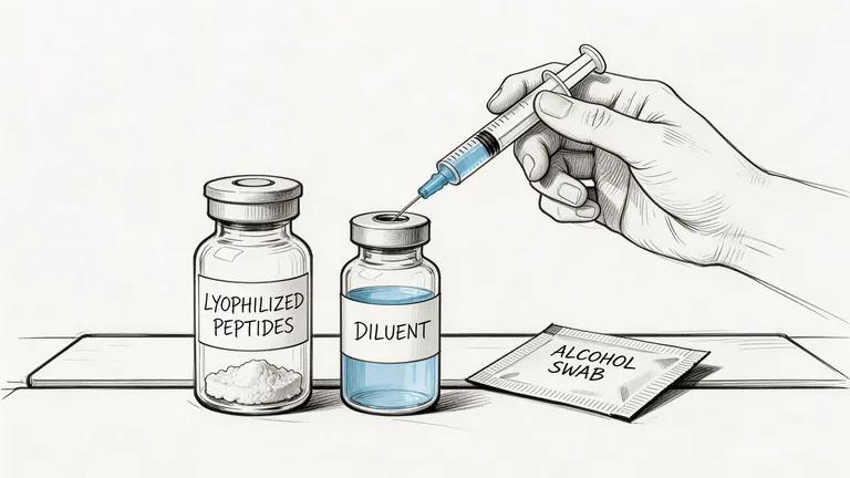 A hand preparing a syringe with diluent to reconstitute a vial of lyophilized peptides on a table.