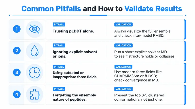 An infographic titled Common Pitfalls and How to Validate Results, outlining four tips for peptide structure prediction.