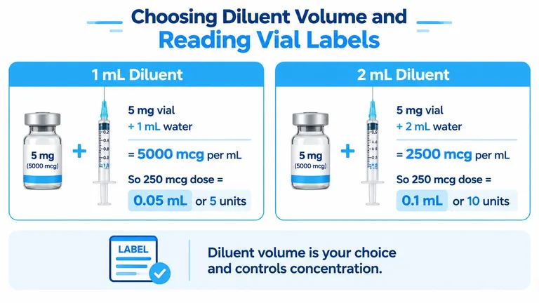 A medical infographic explaining how diluent volume choices affect medication concentration using a five milligram vial.