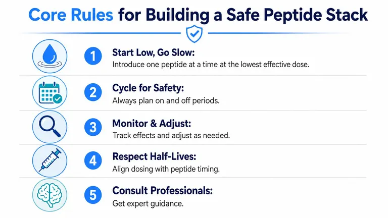 An infographic detailing five core rules for safely stacking and using peptides for wellness purposes.