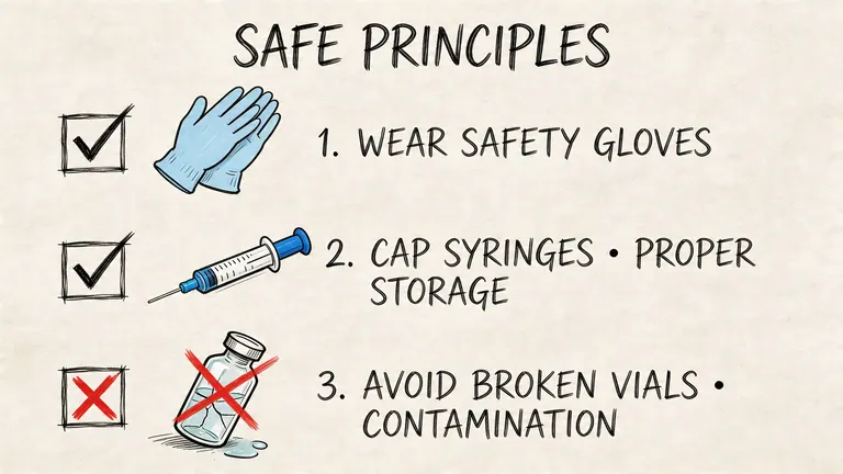 A safety infographic showing three principles for handling medical supplies including gloves, syringes, and vials.