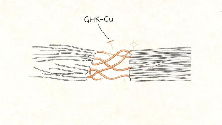 A conceptual illustration showing GHK-Cu peptides repairing broken skin collagen fiber strands for skin rejuvenation.