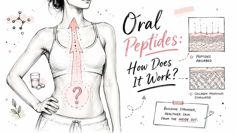 A hand-drawn illustration explaining how oral peptide supplements are absorbed to stimulate collagen production in skin.