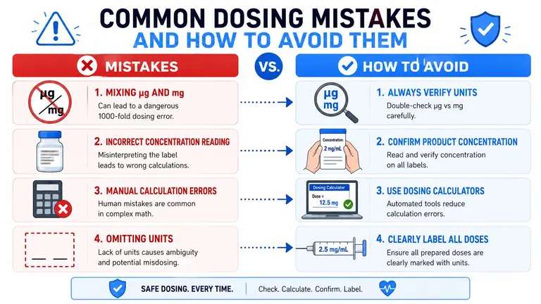 An infographic detailing common medical dosing mistakes and providing four tips on how to prevent them safely.