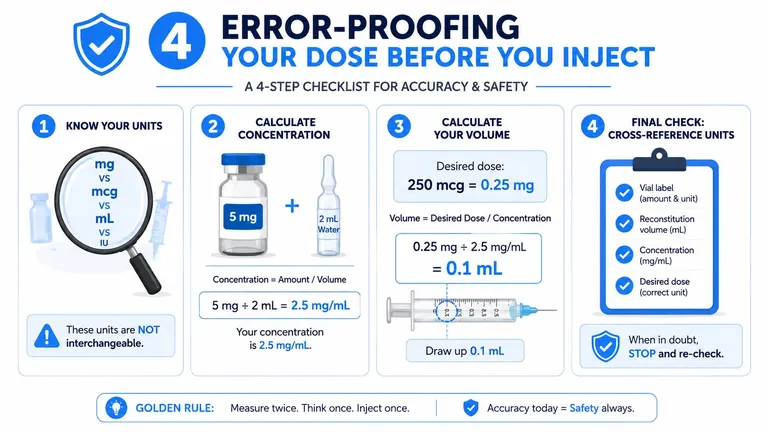 A 4-step instructional guide on error-proofing medication dosage calculations for safe and accurate injections.