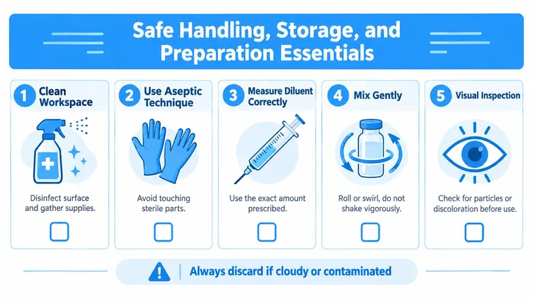 A five-step guide illustration demonstrating the essential process for the safe handling, storage, and reconstitution of medications.