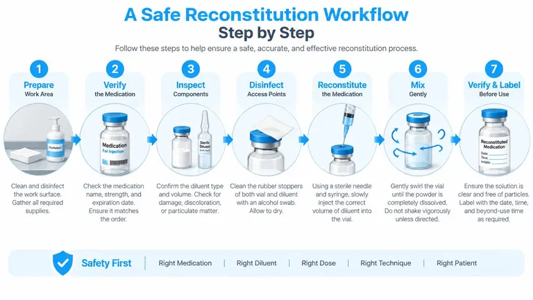 A seven-step visual workflow guide for the safe and sterile reconstitution of medical injections.