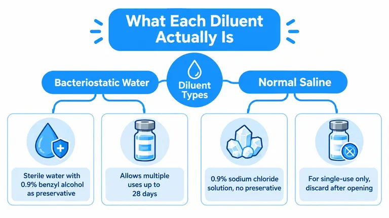 An infographic comparing bacteriostatic water and normal saline, detailing their composition and proper usage for injections.