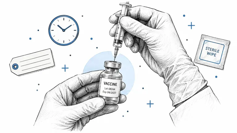 A gloved hand drawing medication from a vaccine vial with a syringe, accompanied by a clock and wipe.