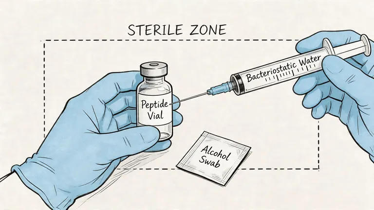 A gloved hand inserting a needle of bacteriostatic water into a peptide vial in a sterile zone.