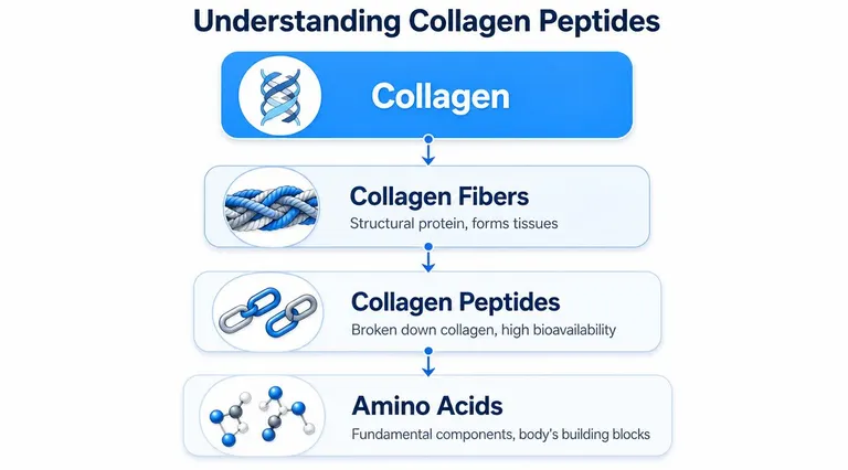 A diagram illustrating the breakdown of collagen into fibers, peptides, and amino acids as building blocks.